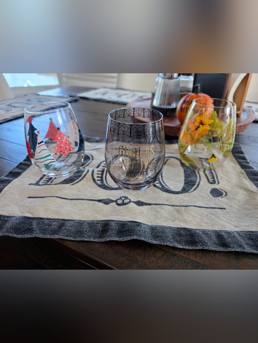 Pier 1 Set Of 3 Stemless Wine Glasses Halloween Fall Autumn Christmas